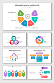 Slide deck outlining financial planning stages from relationship building to monitoring, with icons and structured layouts.