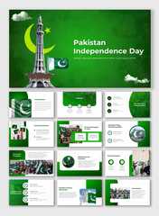 Pakistan Independence day slides with green visuals, national symbols, covering key historical events and figures.