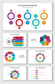 Curriculum development PPT slides in different colorful layout designs and icons with text descriptions on a white theme.