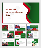 Morocco Independence day slides, featuring red and green themes, covering history, symbols, and celebrations.