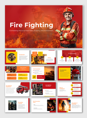 Firefighting slide deck featuring a firefighter and a fiery background showing ways of prevention and techniques.