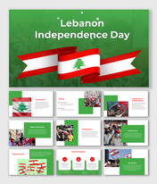 Lebanese Independence day slide pack, using red and green themes with images of flags, celebrations, and patriotic events.