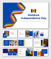 Moldova Independence day slide deck with blue and red accents, highlighting national symbols, history, and celebrations.