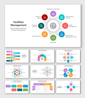 Set of slides for Facilities Management roles with colorful layout designs and icons.