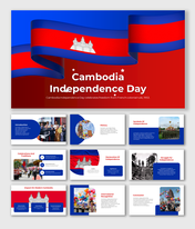 Cambodia Independence day slides with bold flag design, historical photos, and structured sections on traditions and impact.