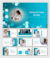 Clinical case study slide deck featuring images of doctors, case study steps, decision making, and types of studies.