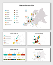 Western Europe map slide deck featuring color coded location markers, country names, and a simplified geographic layout.