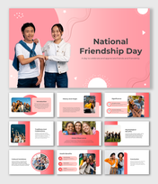 National friendship day slide deck with images smiling friends, bonding, and celebrations, with pink design elements.