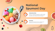 A plate of colorful ice cream scoops with fresh fruit on an orange gradient background, celebrating national spumoni day.