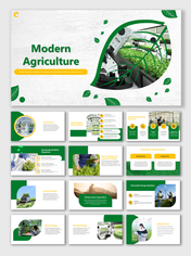 A modern agriculture slide deck discussing the integration of technology in farming, featuring many sections on green themes.