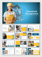 Household management slide deck with a smiling woman in kitchen attire and a contemporary home in the background.