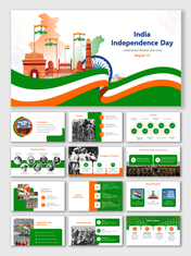 Slide deck on India's Independence Day, with sections covering the struggle for freedom, national symbols, and celebrations.