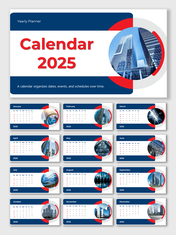 Slide deck containing a series of calendar pages for 2025 featuring red circular accents, in blue background.