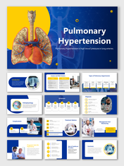 Slide deck on pulmonary hypertension using blue and yellow theme, with anatomical illustrations, and structured infographics.