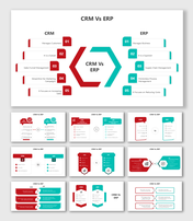 Presentation slides showcasing CRM vs ERP with split-section infographics and highlighted red and teal captions.