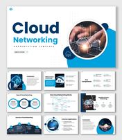 Cloud networking steps slide with icons representing download, error, and files in sequence with placeholder text.