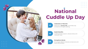 Woman cuddling her dog on a cozy chair with blue and purple accents, decorative hearts, and text placeholders.