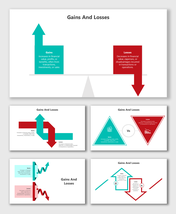 Gains and Losses slides featuring balanced visuals, structured layouts, and clear placeholders for financial concepts.