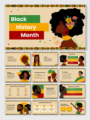 Slides on Black History Month covering history, cultural contributions, civil rights, global impact, and vibrant visuals.