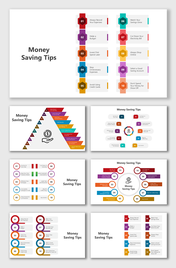 Money Saving Tips slides with vibrant layouts, pyramid designs, colorful graphics, numbered visuals, and placeholders.