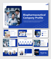 Biopharmaceutical profile slides with vibrant visuals, clean layouts, key sections, and customizable placeholders.