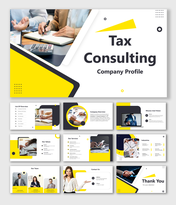Tax consulting slides with bold yellow designs, dynamic visuals, structured layouts, and editable content placeholders.