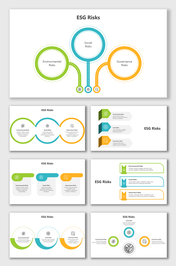 Modern slides with circular diagrams, icons, and placeholders showcasing ESG risks and their interconnected themes.