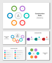 Colorful slides with circular diagrams, icons, and placeholders showcasing construction risk types and strategies.