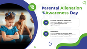 Slide with a distressed child, green ribbon, and vibrant layout promoting Parental Alienation Awareness Day.