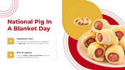Plate of pigs in a blanket with a vibrant red and yellow design celebrating National Pig in a Blanket Day.