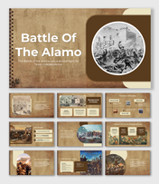 Battle of the Alamo slides with vintage visuals, timelines, structured layouts, historical highlights, and placeholders.