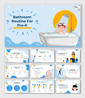 Bathroom Routine for Pre-K slide with fun visuals, hygiene steps, toilet use, handwashing tips, and cleanliness lessons.