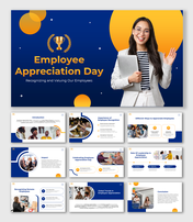 Employee Appreciation Day template with trophy icon, recognition strategies, vibrant visuals, infographic elements, and text.