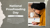 National Proofreading Day banner with a woman writing, promoting accuracy, clarity, error-free editing, and communication.
