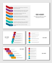 ISO 45001 infographic on safety management, risk controls, certification steps, compliance, hazard assessment & policies.