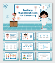 Fun anatomy slides for kids with organs, health tips, body systems, five senses, and diverse cartoon characters.