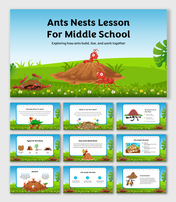 Ants nests lesson for kids with colorful slides, nest types, structure, life cycle, and fun cartoon visuals.