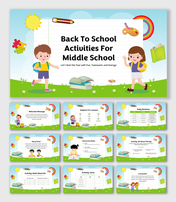 Colorful back-to-school slides with kids, lessons, rules, routines, and fun math activities for middle school students.