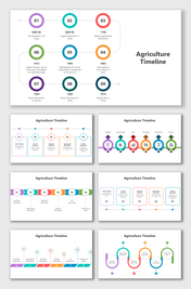 Agriculture Timeline slides with colorful circles, arrows, flowcharts, step boxes, and icons showing farming history.