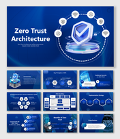 ZTA slides with blue shield icons, hexagon flows, workflows, benefits blocks, and security diagrams for zero trust models.