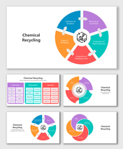 Chemical Recycling slides with circular diagrams, flow arrows, color-coded segments, and icon-based content placeholders.