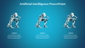 Three humanoid robots crouching in a ready to move pose, with captions below, on a gradient blue background.