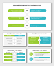 Waste Elimination Vs Cost Reduction slides with side-by-side layouts, icons, numbered steps, and color blocks.