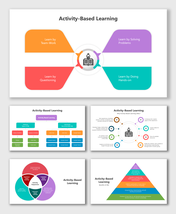 Activity-Based Learning slides with flowcharts, icons, pyramids, and colorful layouts showing methods and benefits.