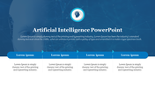 Futuristic AI PowerPoint template featuring a robot head and abstract background with text placeholders.