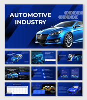 Modern car design, tech features, model stats, service options, and financials in a blue-themed Automotive Industry deck.