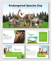Wildlife-themed slides with green layouts, showing endangered species, conservation causes, and awareness visuals.