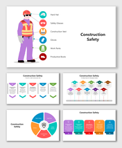 Construction safety slides with gear visuals, icons, timelines, and infographic layouts for tips and protective guidelines.