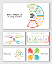SWOT Analysis Of Banking Industry slides with colored arrows, circular diagrams, icons, and quadrant-style text boxes.