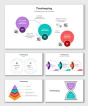 Timekeeping flow with colorful circles, pyramid, hourglass, task icons, and manual vs mechanical methods.